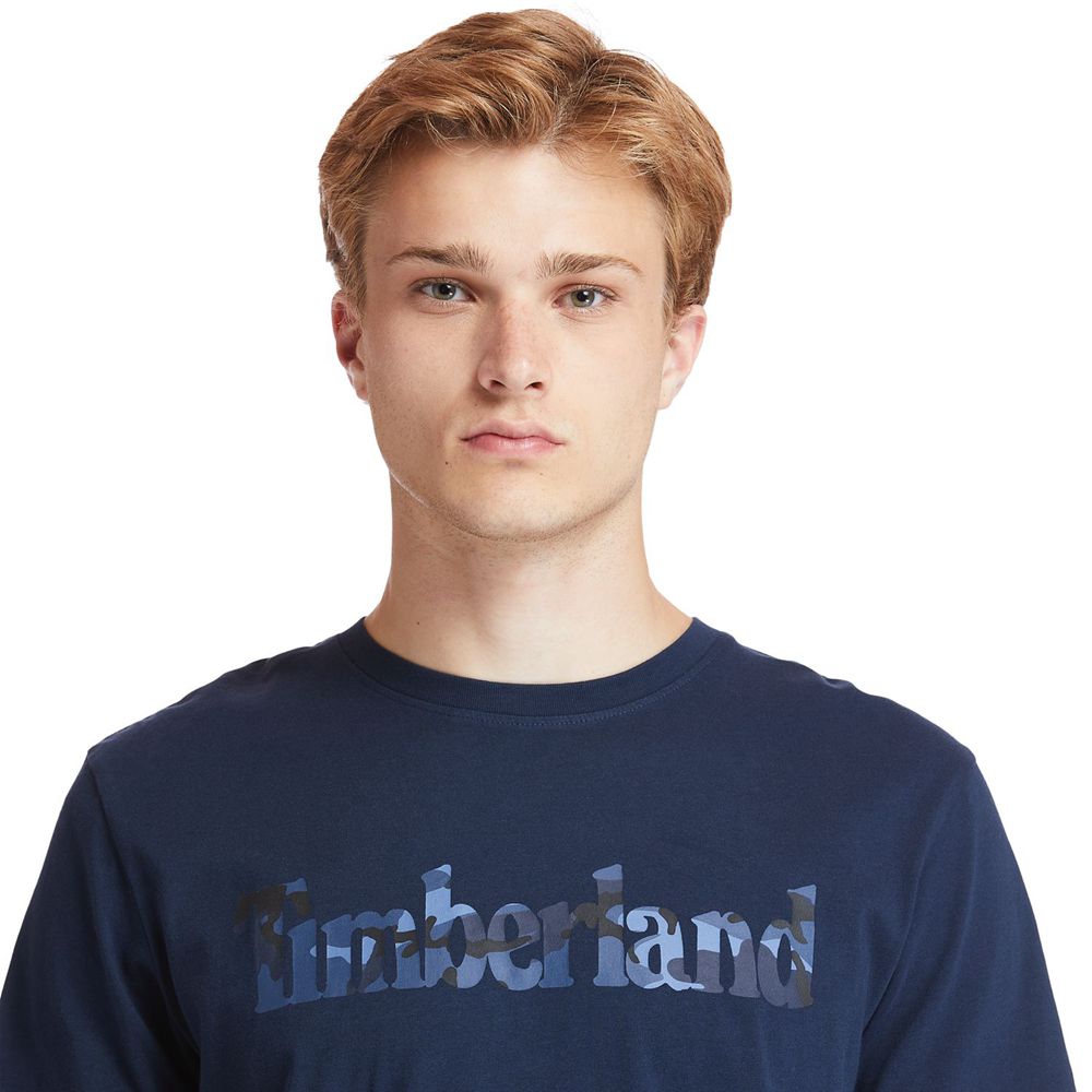 Timberland Mens T-Shirts Kennebec River Camo-Logo - Navy - India UD9758014